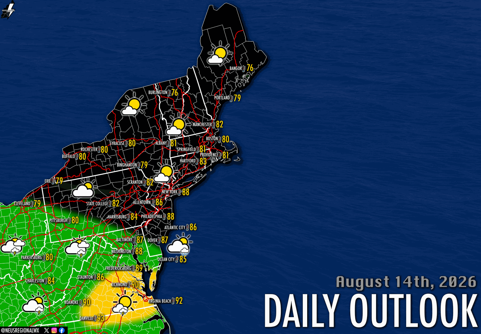 Northeast Regional Weather daily outlook for August 14, 2026