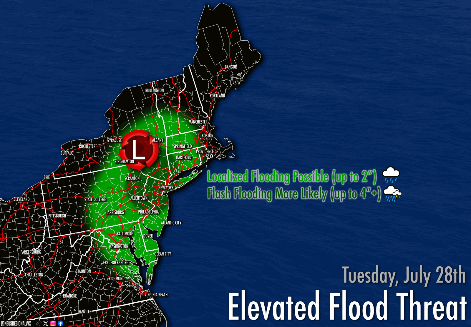 Map showing elevated flash flooding threat for Tuesday