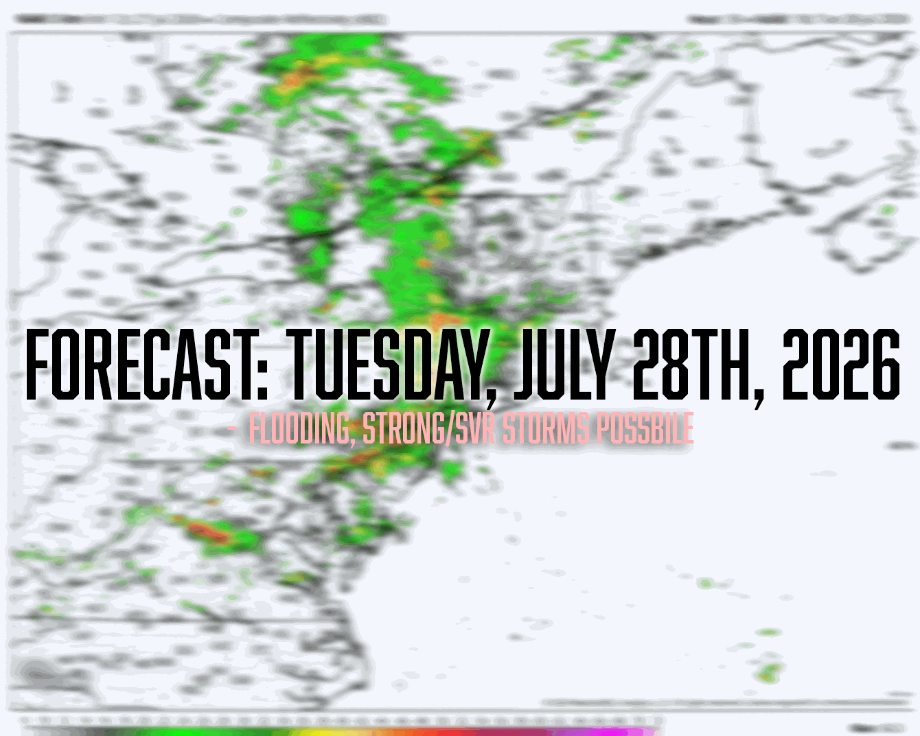 Forecast map showing Tuesday flood and severe storm potential
