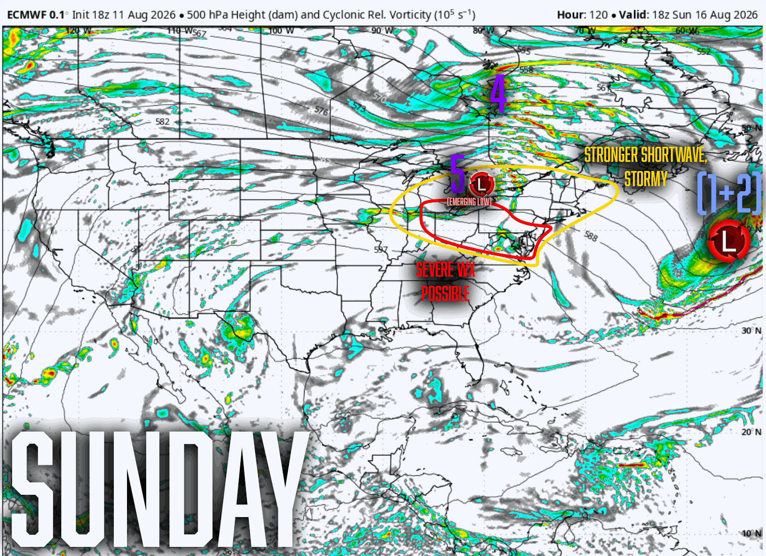 Sunday upper-level weather pattern snapshot showing possible severe weather